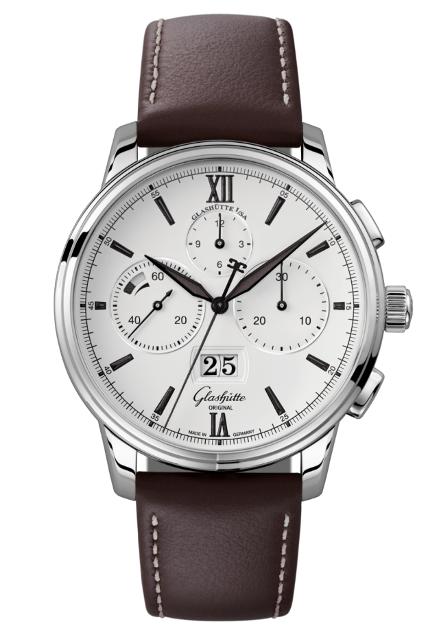 Glashuette Original Senator Chronograph Panorama Date 42 mm White Dial Stainless Steel Calfskin Strap, Brown 1-37-01-05-02-35