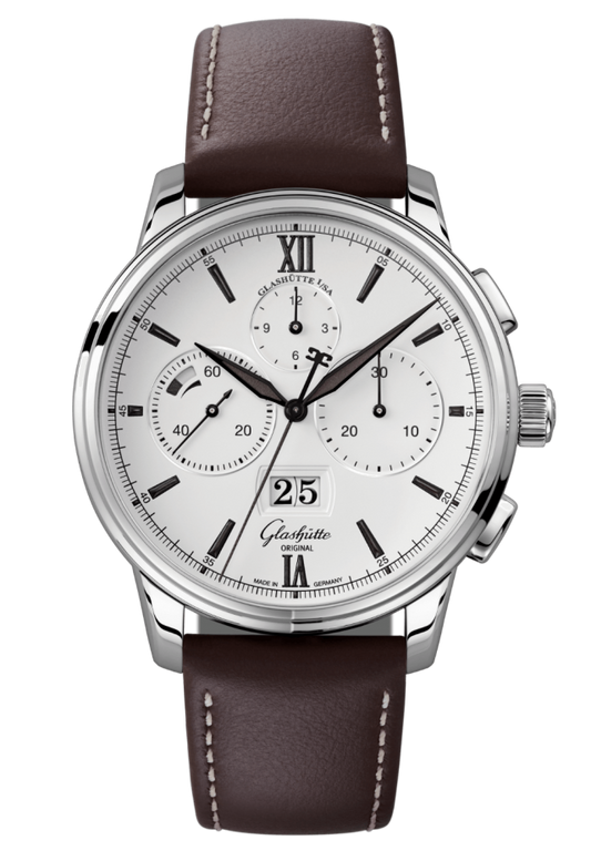 Glashuette Original Senator Chronograph Panorama Date 42 mm White Dial Stainless Steel Calfskin Strap, Brown 1-37-01-05-02-35