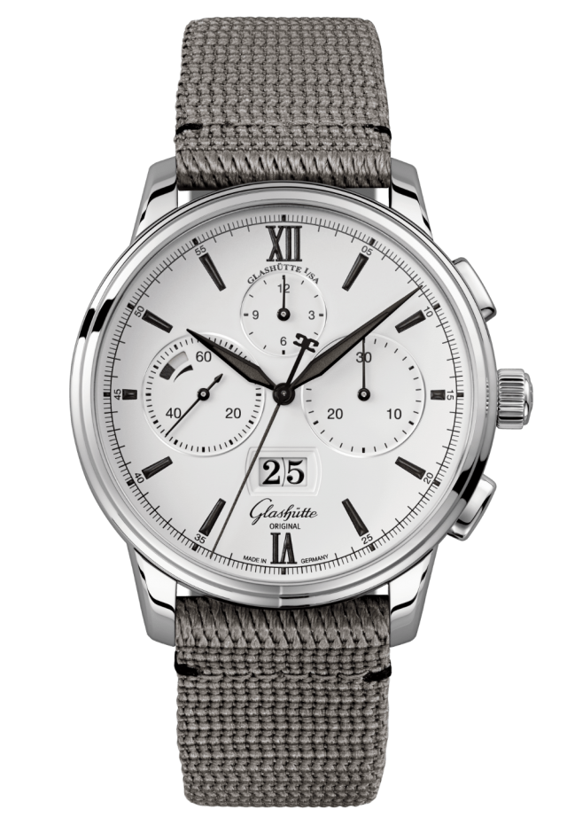 Glashuette Original Senator Chronograph Panorama Date 42 mm White Dial Stainless Steel Synthetic Strap, Grey 1-37-01-05-02-36