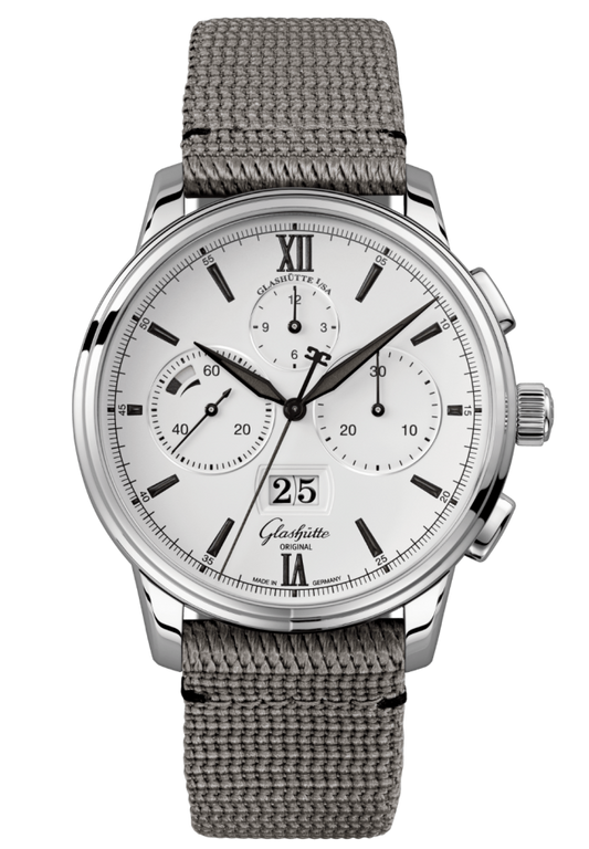 Glashuette Original Senator Chronograph Panorama Date 42 mm White Dial Stainless Steel Synthetic Strap, Grey 1-37-01-05-02-36