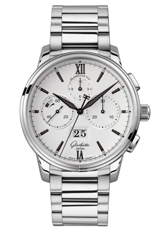 Glashuette Original Senator Chronograph Panorama Date 42 mm White Dial Stainless Steel Metal Bracelet 1-37-01-05-02-71