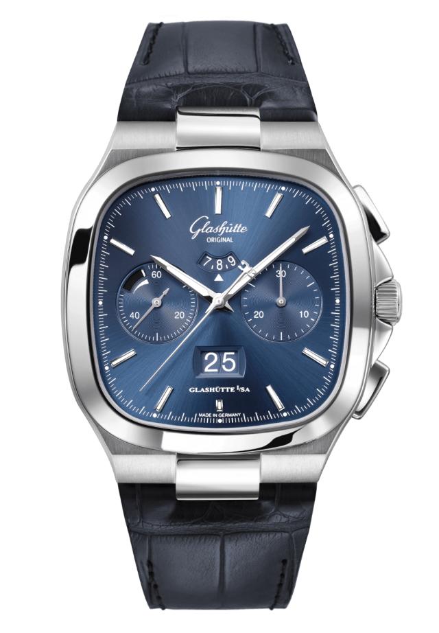 Glashuette Original Seventies Chronograph Panorama Date 40 mm Blue Dial Stainless Steel Louisiana Alligator Leather Strap, Blue 1-37-02-08-02-61