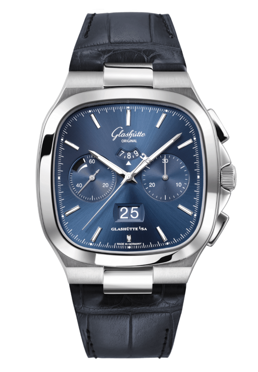 Glashuette Original Seventies Chronograph Panorama Date 40 mm Blue Dial Stainless Steel Louisiana Alligator Leather Strap, Blue 1-37-02-08-02-61