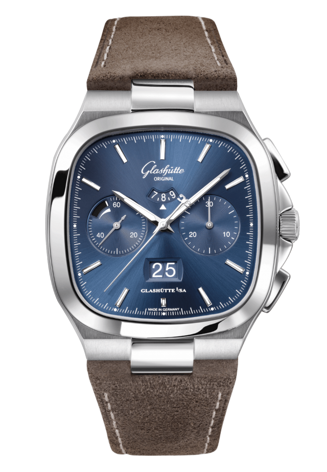 Glashuette Original Seventies Chronograph Panorama Date 40 mm Blue Dial Stainless Steel Calfskin Strap, Brown 1-37-02-08-02-62