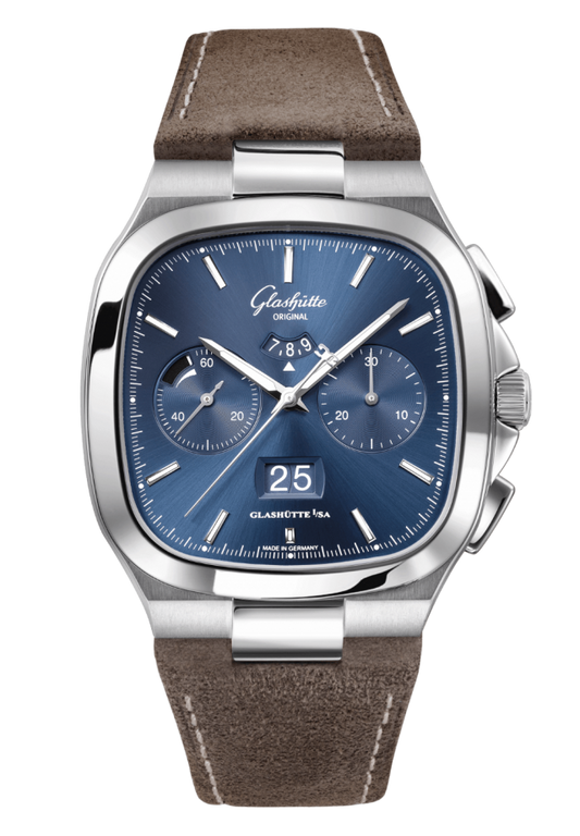 Glashuette Original Seventies Chronograph Panorama Date 40 mm Blue Dial Stainless Steel Calfskin Strap, Brown 1-37-02-08-02-62