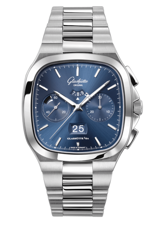 Glashuette Original Seventies Chronograph Panorama Date 40 mm Blue Dial Stainless Steel Metal Bracelet 1-37-02-08-02-70