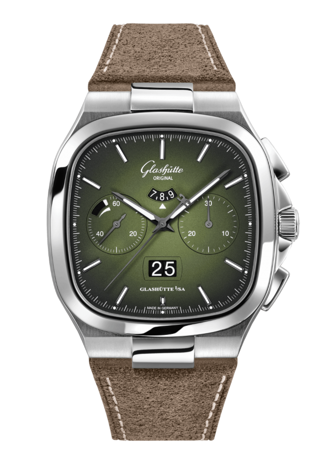 Glashuette Original Seventies Chronograph Panorama Date 40 mm Fab Green Dial Stainless Steel Calfskin Strap, Brown 1-37-02-09-02-62