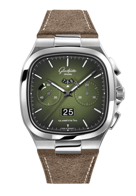 Glashuette Original Seventies Chronograph Panorama Date 40 mm Fab Green Dial Stainless Steel Calfskin Strap, Brown 1-37-02-09-02-62