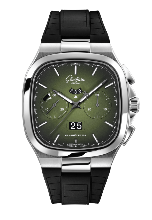 Glashuette Original Seventies Chronograph Panorama Date 40 mm Fab Green Dial Stainless Steel Rubber Strap, Black 1-37-02-09-02-63