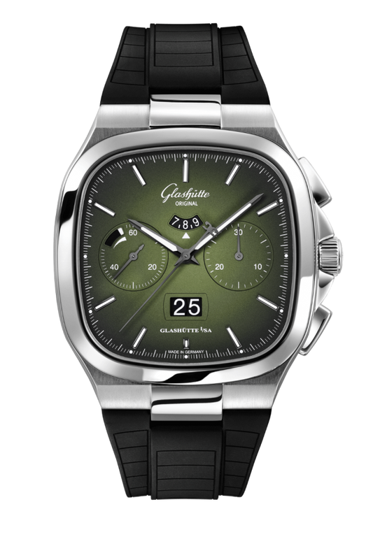 Glashuette Original Seventies Chronograph Panorama Date 40 mm Fab Green Dial Stainless Steel Rubber Strap, Black 1-37-02-09-02-63