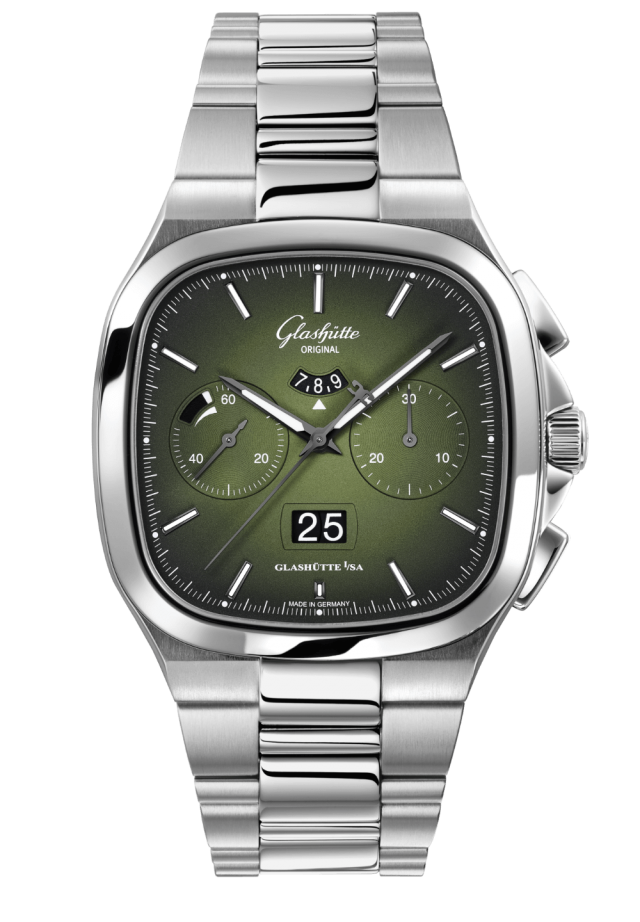 Glashuette Original Seventies Chronograph Panorama Date 40 mm Fab Green Dial Stainless Steel Metal Bracelet 1-37-02-09-02-70