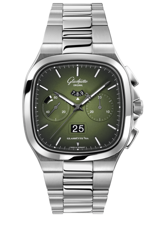 Glashuette Original Seventies Chronograph Panorama Date 40 mm Fab Green Dial Stainless Steel Metal Bracelet 1-37-02-09-02-70