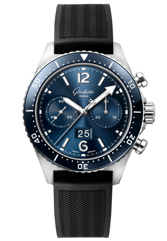 Glashuette Original SeaQ Chronograph 43.20 mm Blue Dial Stainless Steel Rubber Strap, Black 1-37-23-02-81-33