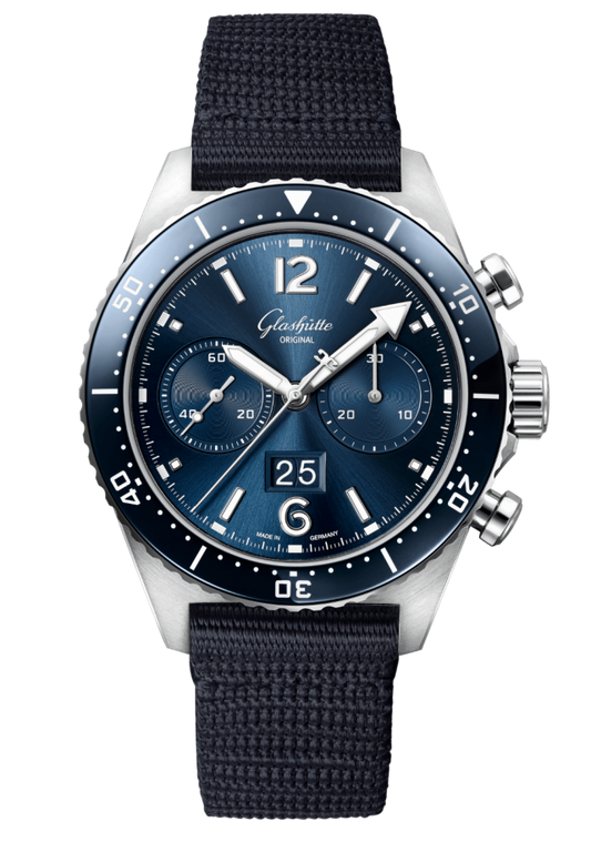 Glashuette Original SeaQ Chronograph 43.20 mm Blue Dial Stainless Steel Synthetic Strap, Blue 1-37-23-02-81-36