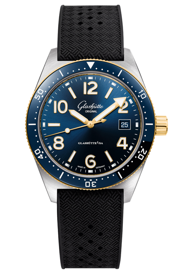 Glashuette Original SeaQ 39.50 mm Blue Dial Stainless Steel and 18k Yellow Gold Rubber Strap, Black 1-39-11-10-90-33