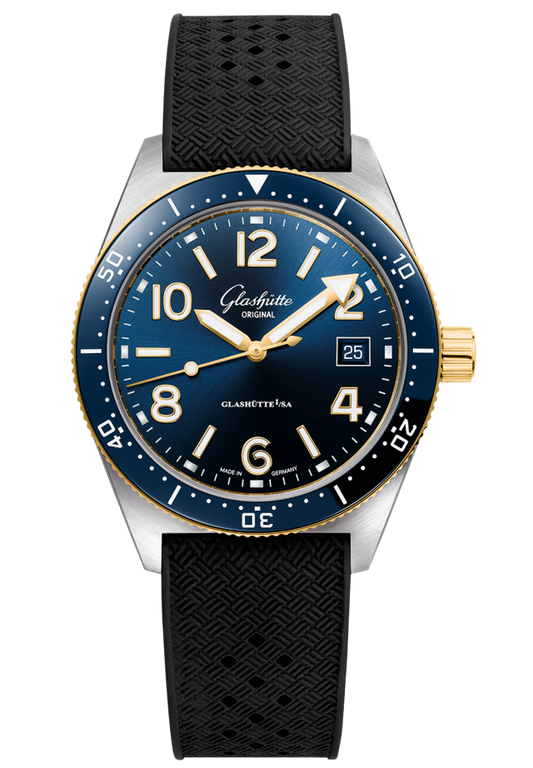 Glashuette Original SeaQ 39.50 mm Blue Dial Stainless Steel and 18k Yellow Gold Rubber Strap, Black 1-39-11-10-90-33