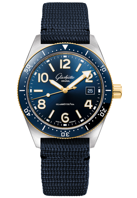 Glashuette Original SeaQ 39.50 mm Blue Dial Stainless Steel and 18k Yellow Gold Synthetic Strap, Blue 1-39-11-10-90-34