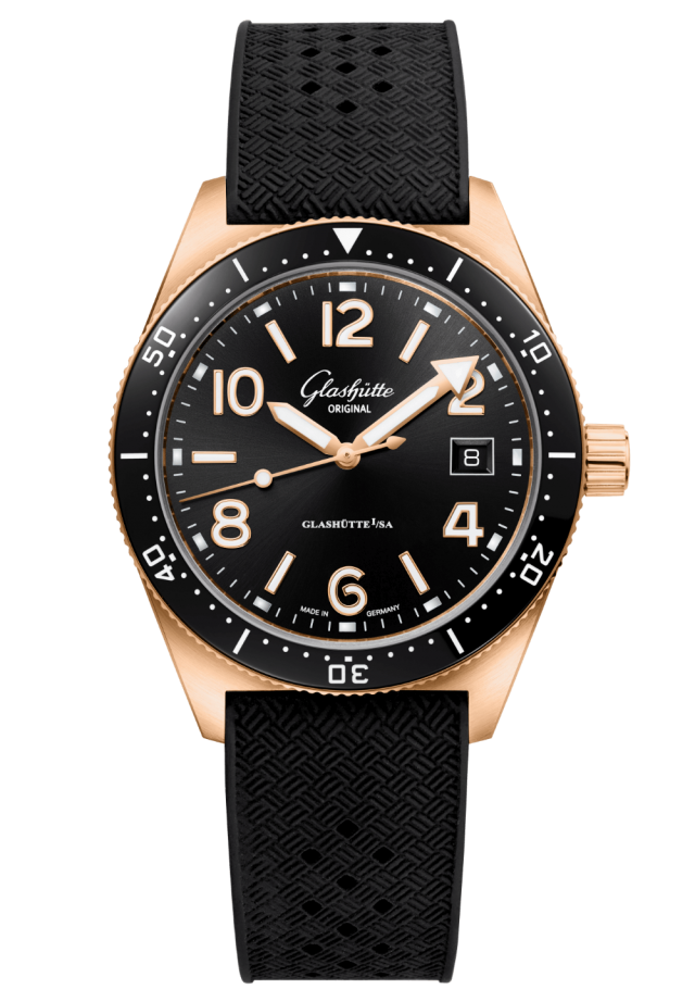 Glashuette Original SeaQ 39.50 mm Black Dial Red Gold Rubber Strap, Black 1-39-11-17-91-33