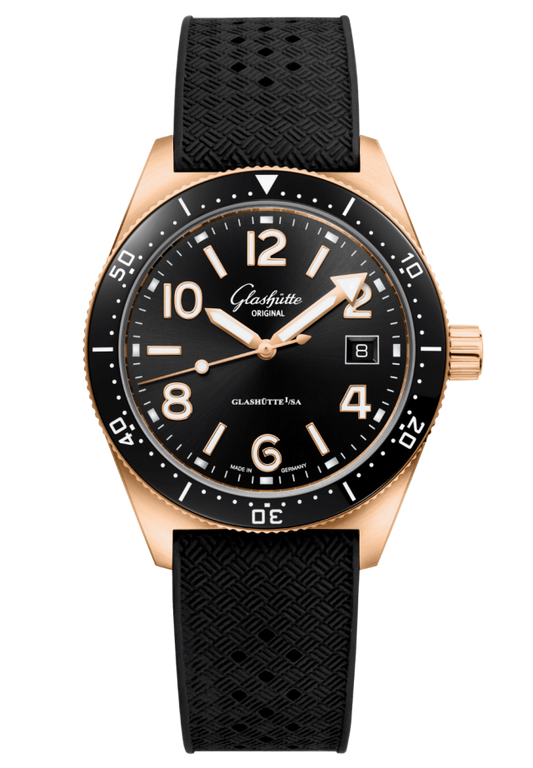 Glashuette Original SeaQ 39.50 mm Black Dial Red Gold Rubber Strap, Black 1-39-11-17-91-33