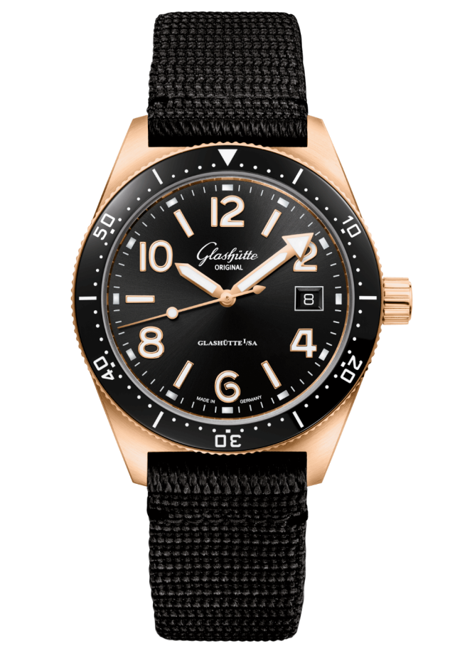 Glashuette Original SeaQ 39.50 mm Black Dial Red Gold Synthetic Strap, Black 1-39-11-17-91-35