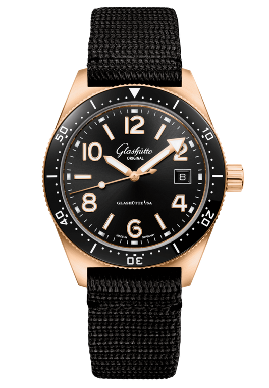 Glashuette Original SeaQ 39.50 mm Black Dial Red Gold Synthetic Strap, Black 1-39-11-17-91-35