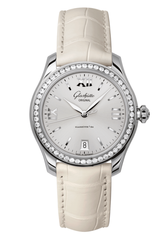 Glashuette Original Lady Serenade 36 mm Silver Galvanized Dial Stainless Steel with Diamonds  Louisiana Alligator Leather Strap 1-39-22-02-22-04