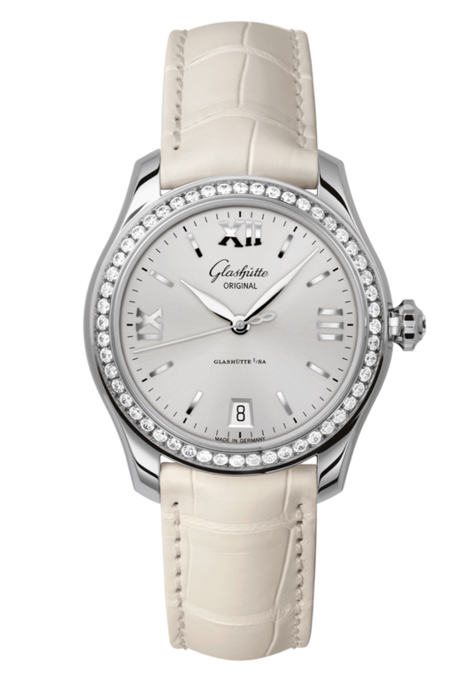 Glashuette Original Lady Serenade 36 mm Silver Galvanized Dial Stainless Steel with Diamonds  Louisiana Alligator Leather Strap 1-39-22-02-22-04