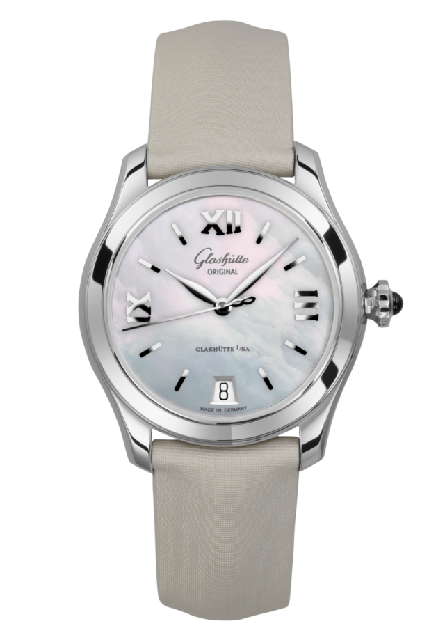 Glashuette Original Lady Serenade 36 mm Mother-Of-Pearl Silver Dial Stainless Steel Calfskin Strap 1-39-22-08-02-04