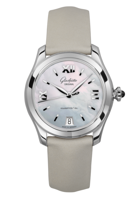 Glashuette Original Lady Serenade 36 mm Mother-Of-Pearl Silver Dial Stainless Steel Calfskin Strap 1-39-22-08-02-04