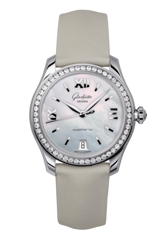 Glashuette Original Lady Serenade 36 mm Mother-Of-Pear Silver Dial Stainless Steel with Diamonds  Calfskin Strap 1-39-22-08-22-04