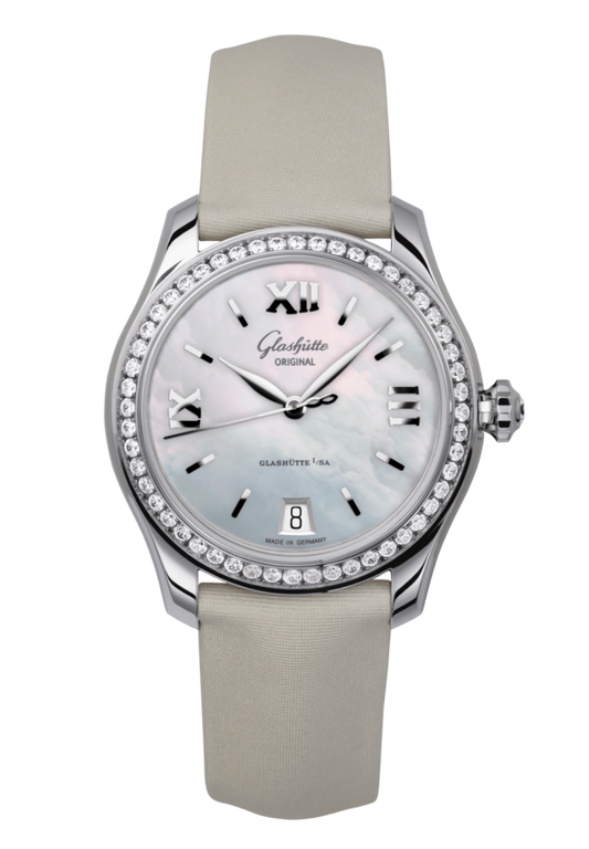 Glashuette Original Lady Serenade 36 mm Mother-Of-Pear Silver Dial Stainless Steel with Diamonds  Calfskin Strap 1-39-22-08-22-04