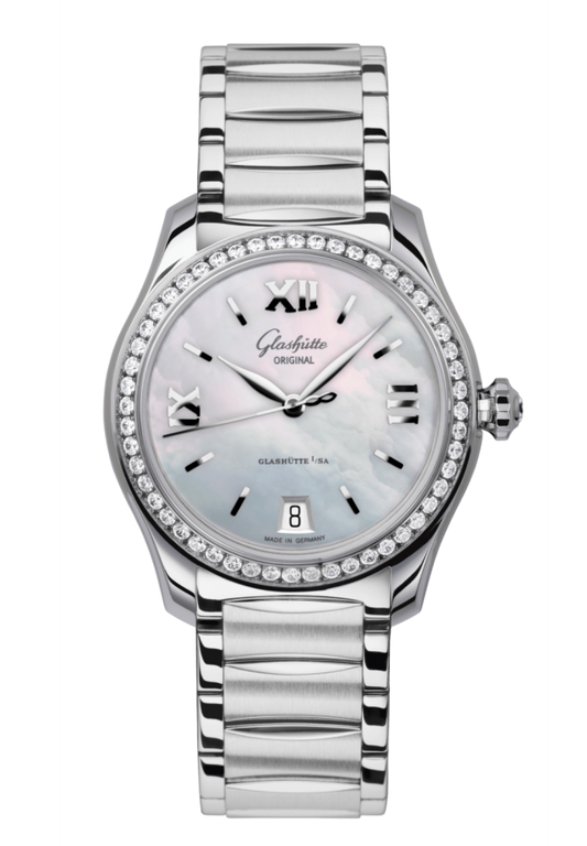 Glashuette Original Lady Serenade 36 mm Mother-Of-Pear Silver Dial Stainless Steel with Diamonds  Stainless Steel 1-39-22-08-22-34