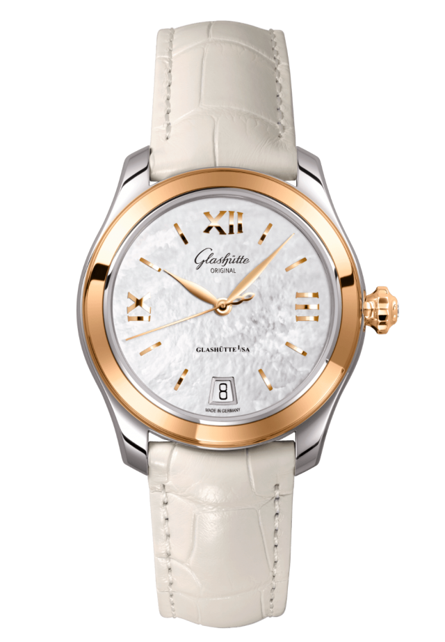 Glashuette Original Lady Serenade 36 mm Mother-Of-Pearl Silver Dial Bicolor Louisiana Alligator Leather Strap 1-39-22-09-06-04