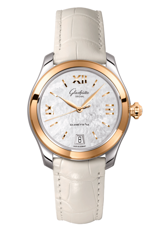 Glashuette Original Lady Serenade 36 mm Mother-Of-Pearl Silver Dial Bicolor Louisiana Alligator Leather Strap 1-39-22-09-06-04