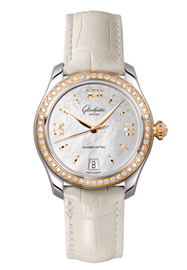 Glashuette Original Lady Serenade 36 mm Mother-Of-Pearl Silver Dial Bicolor Louisiana Alligator Leather Strap 1-39-22-09-16-04