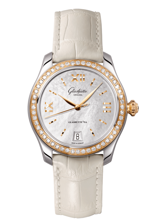 Glashuette Original Lady Serenade 36 mm Mother-Of-Pearl Silver Dial Bicolor Louisiana Alligator Leather Strap 1-39-22-09-16-04