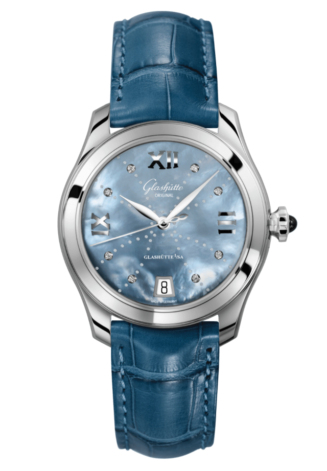 Glashuette Original Lady Serenade 36 mm Mother-Of-Pearl Blue Dial Stainless Steel Louisiana Alligator Leather Strap 1-39-22-11-02-04