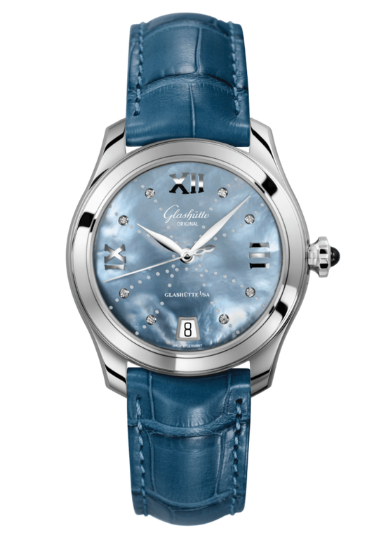 Glashuette Original Lady Serenade 36 mm Mother-Of-Pearl Blue Dial Stainless Steel Louisiana Alligator Leather Strap 1-39-22-11-02-04