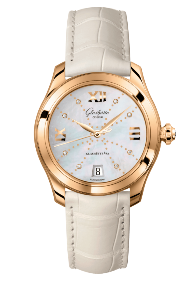 Glashuette Original Lady Serenade 36 mm Mother-Of-Pearl White Dial 18k Rose Gold Louisiana Alligator leather strap 1-39-22-12-01-04