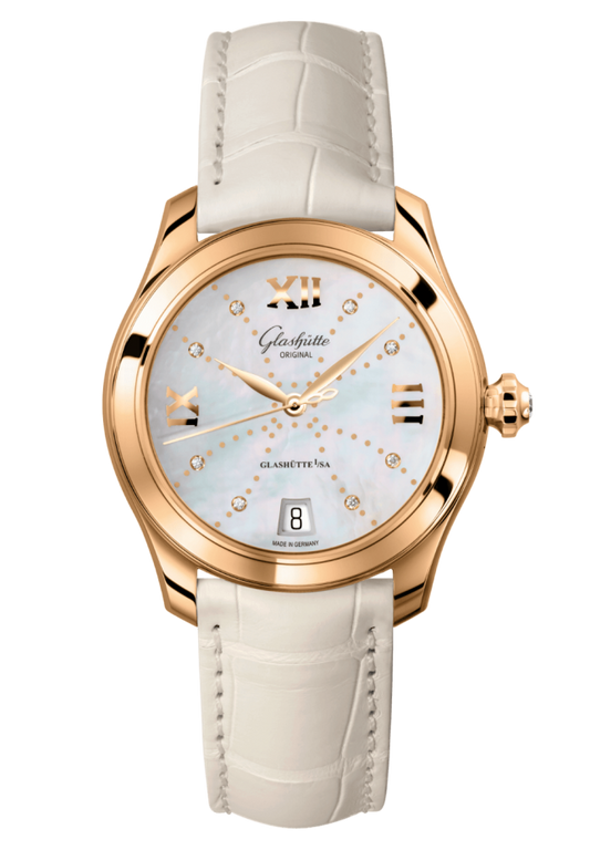 Glashuette Original Lady Serenade 36 mm Mother-Of-Pearl White Dial 18k Rose Gold Louisiana Alligator leather strap 1-39-22-12-01-04