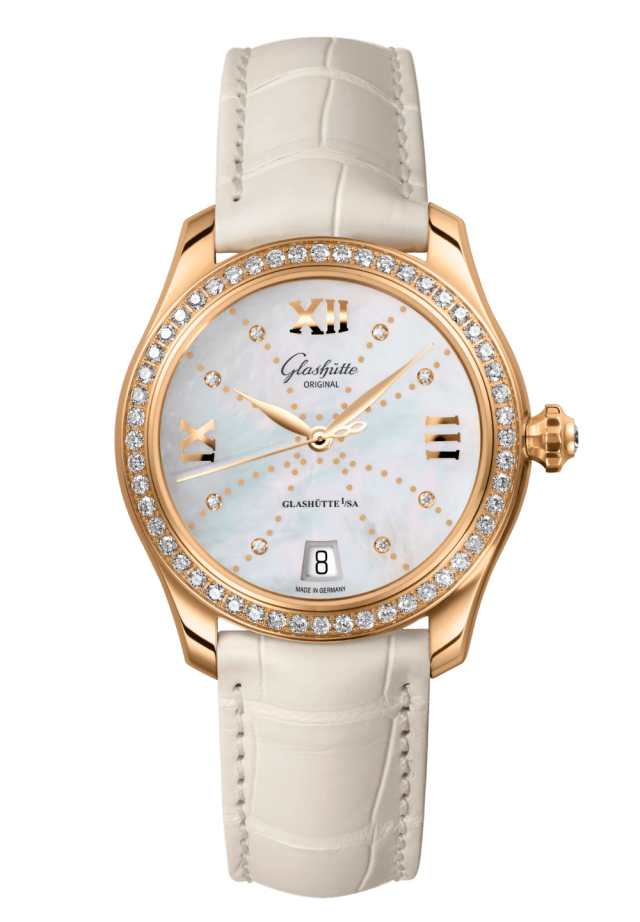 Glashuette Original Lady Serenade 36 mm Mother-Of-Pearl White Dial 18k Rose Gold Louisiana Alligator Leather Strap 1-39-22-12-11-04