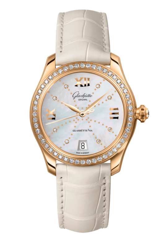 Glashuette Original Lady Serenade 36 mm Mother-Of-Pearl White Dial 18k Rose Gold Louisiana Alligator Leather Strap 1-39-22-12-11-04