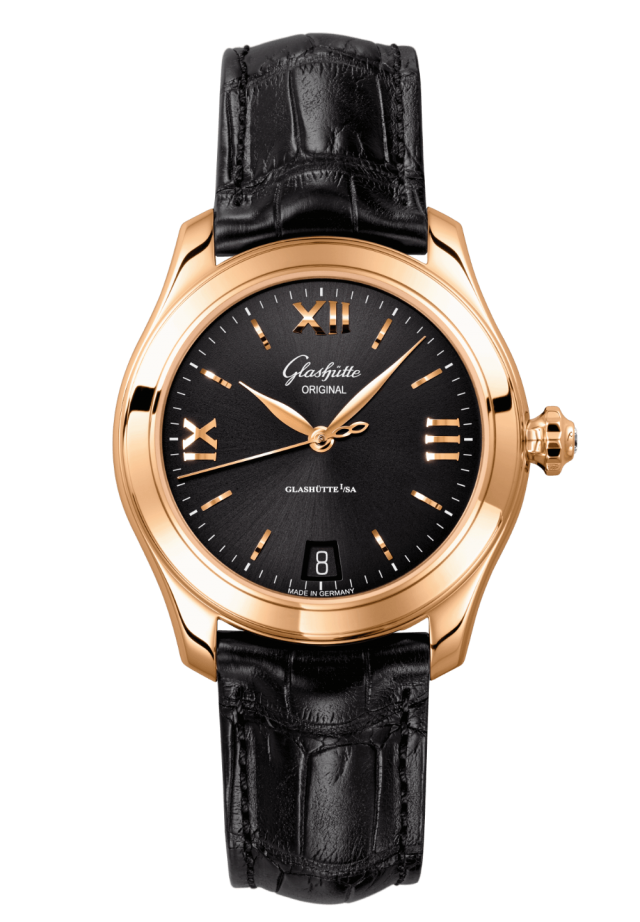 Glashuette Original Lady Serenade 36 mm Galvanized Black Dial 18k Rose Gold Louisiana Alligator Leather Strap 1-39-22-18-01-04