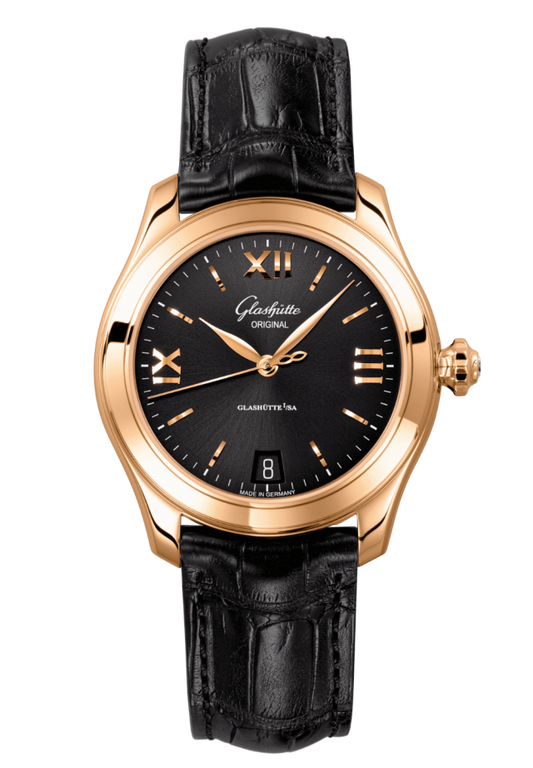 Glashuette Original Lady Serenade 36 mm Galvanized Black Dial 18k Rose Gold Louisiana Alligator Leather Strap 1-39-22-18-01-04