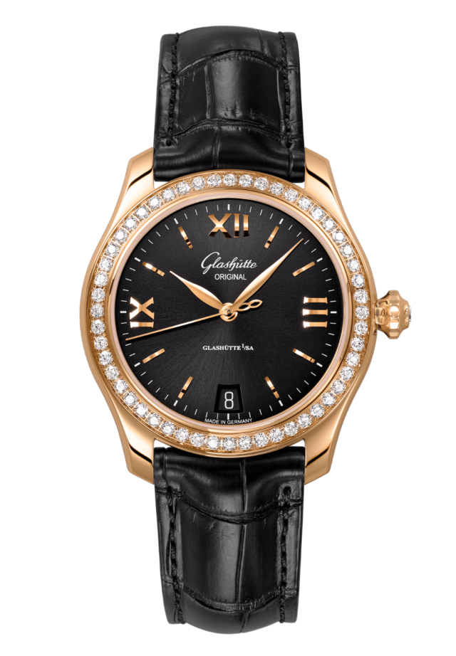 Glashuette Original Lady Serenade 36 mm Galvanized Black Dial 18k Rose Gold Louisiana Alligator leather strap 1-39-22-18-11-04