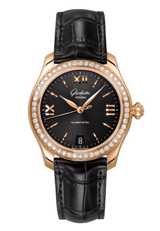 Glashuette Original Lady Serenade 36 mm Galvanized Black Dial 18k Rose Gold Louisiana Alligator leather strap 1-39-22-18-11-04