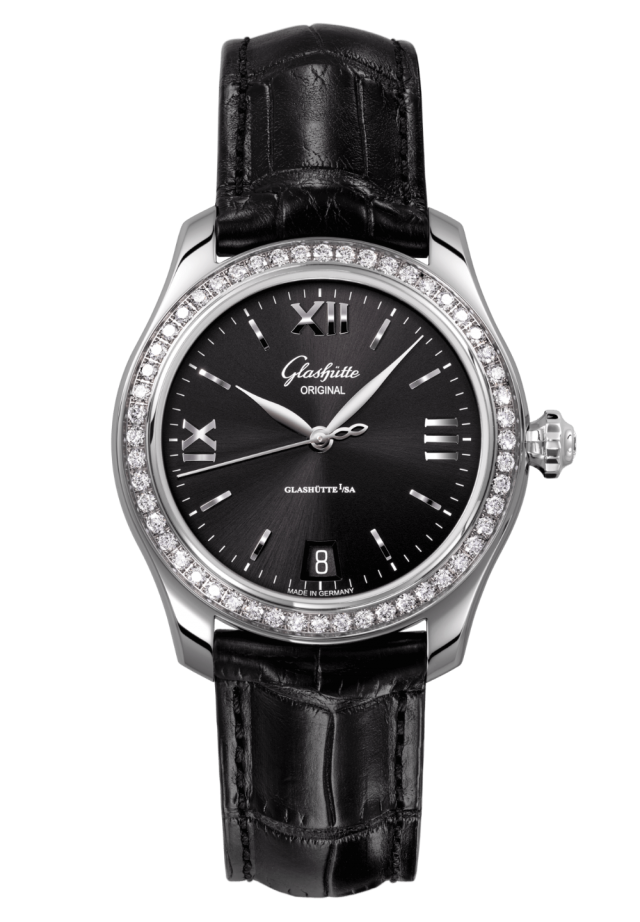 Glashuette Original Lady Serenade 36 mm Galvanized Black Dial Stainless Steel with Diamonds  Louisiana Alligator Leather Strap 1-39-22-20-22-04