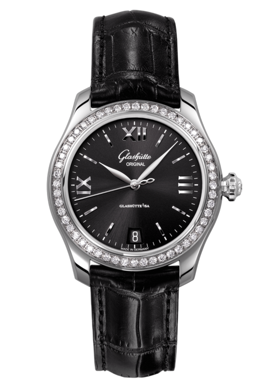 Glashuette Original Lady Serenade 36 mm Galvanized Black Dial Stainless Steel with Diamonds  Louisiana Alligator Leather Strap 1-39-22-20-22-04