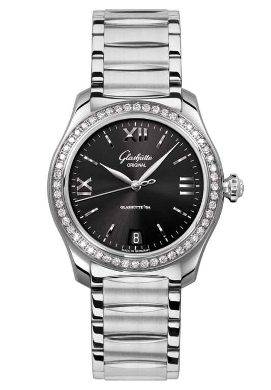 Glashuette Original Lady Serenade 36 mm Galvanized Black Dial Stainless Steel with Diamonds  Stainless Steel 1-39-22-20-22-34