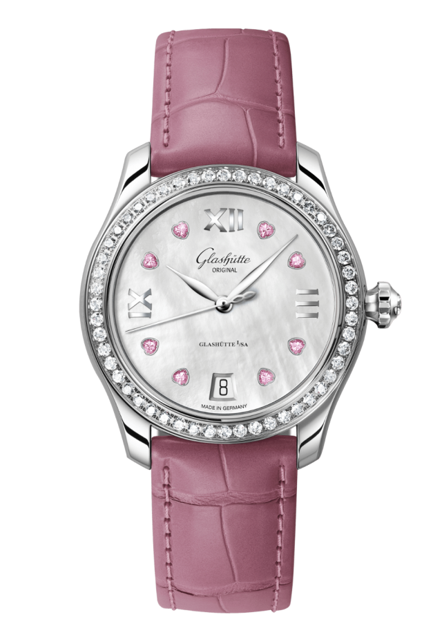 Glashuette Original Lady Serenade 36 mm Mother-Of-Pearl White Dial Stainless Steel Louisiana Alligator Leather Strap 1-39-22-21-22-44